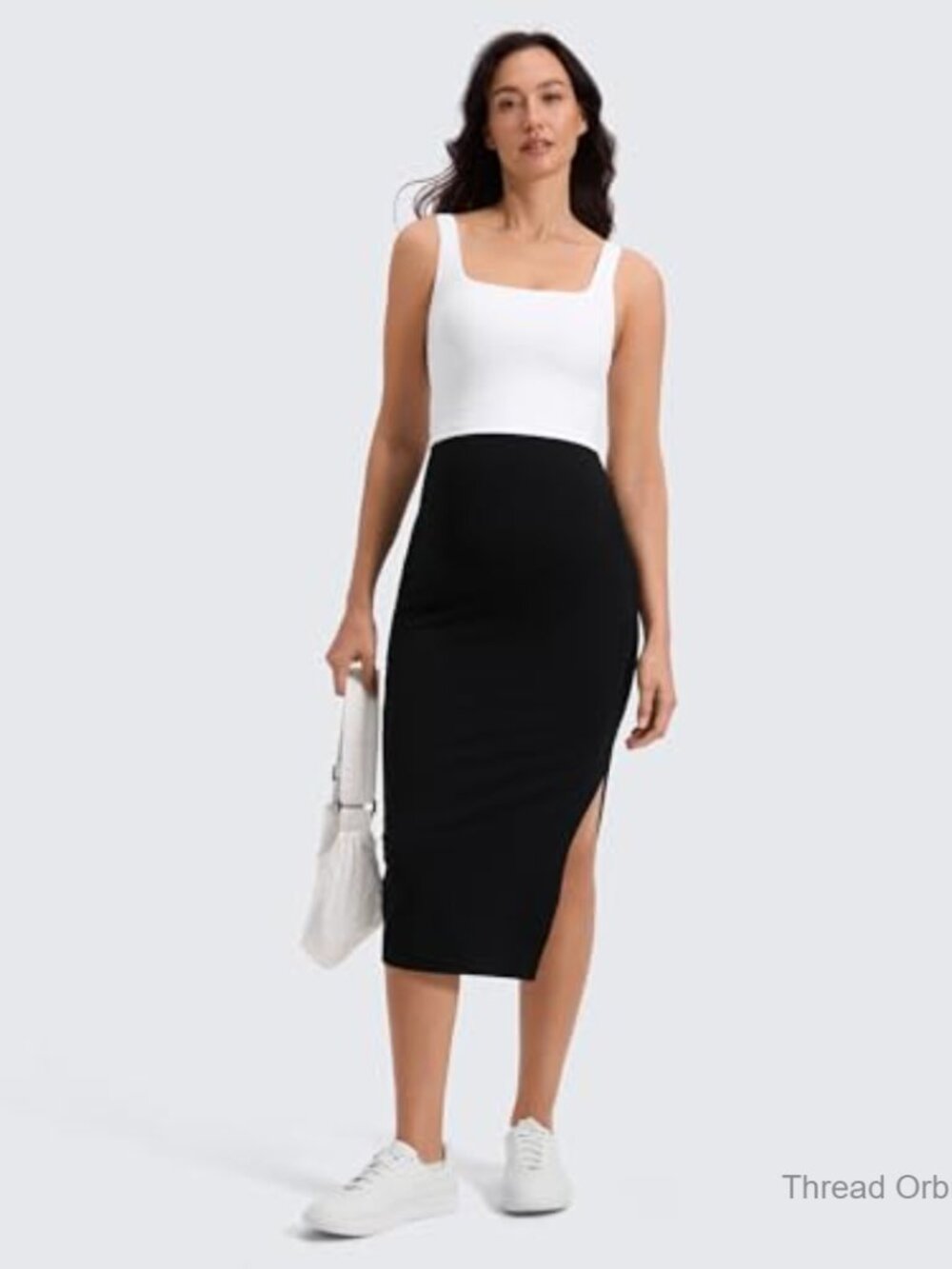 Maternity Side Split Midi Skirt - High Rise Over Belly Stretchy Pencil - Picture 3 of 5
